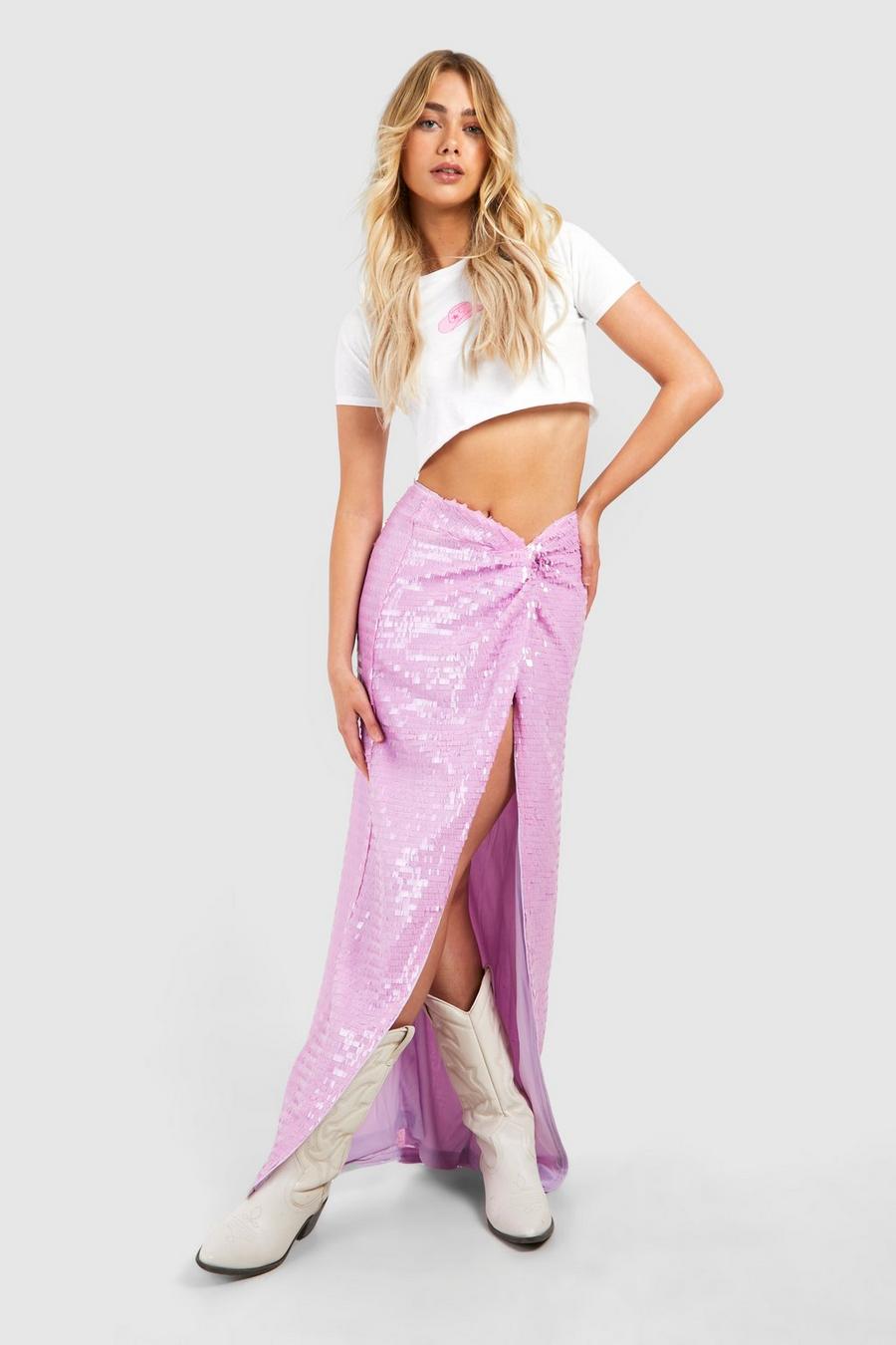 Pink Festival Shard Sequin Twist Knotted Maxi Skirt image number 1