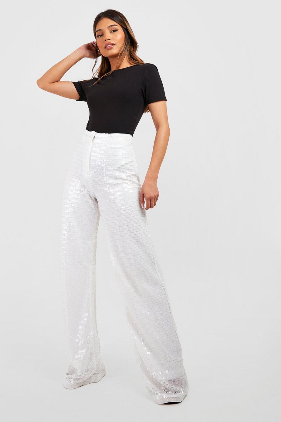 White blanc Shard Sequin High Waisted Wide Leg Trousers
