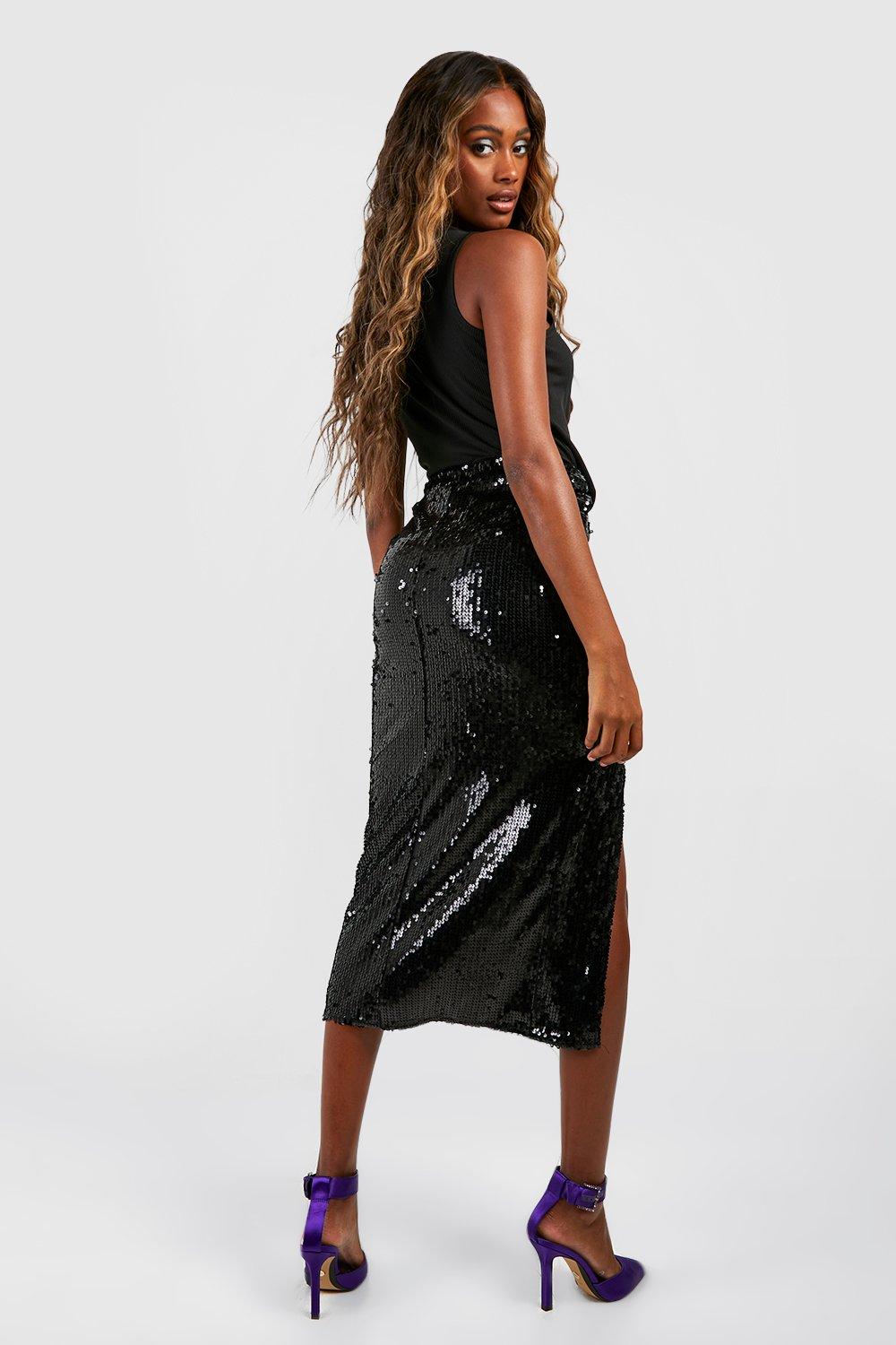 Black High-Rise Skirt - Sequin Mesh Skirt - Black Midi Skirt - Lulus