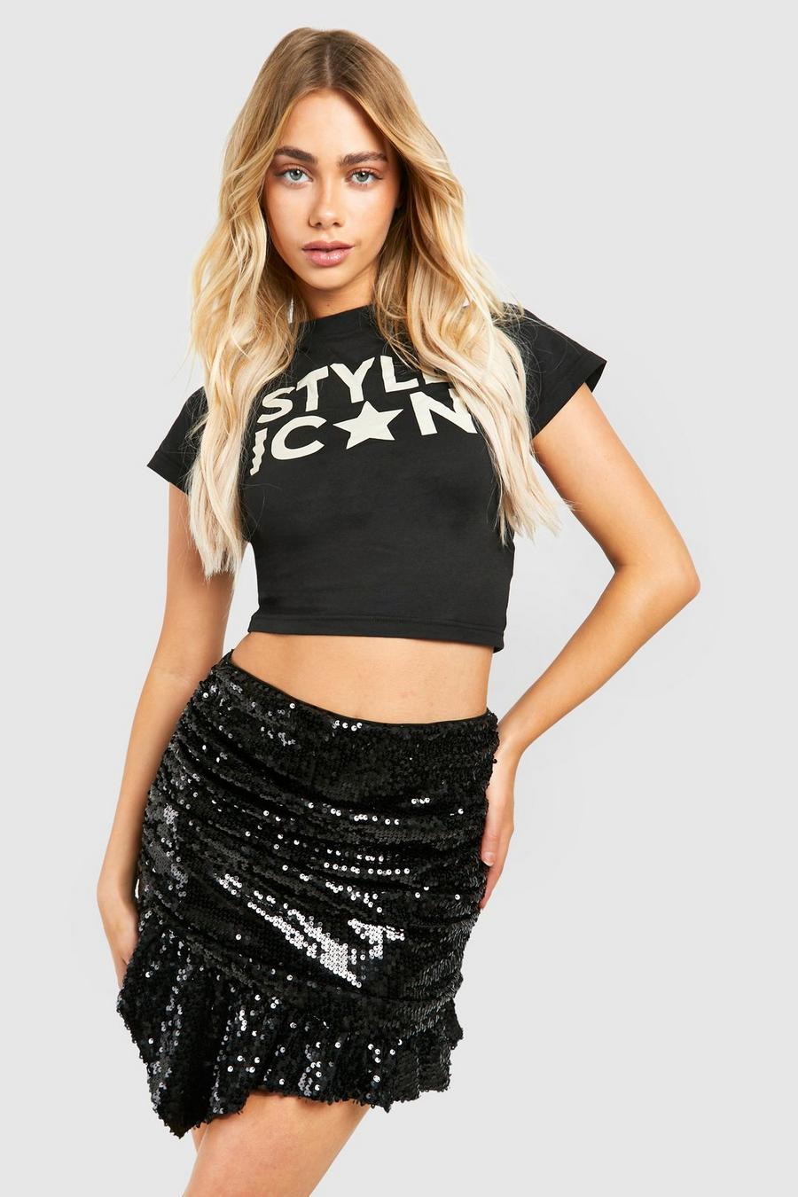 Black Festival Sequin Ruched Asymmetric Hem Mini Skirt image number 1