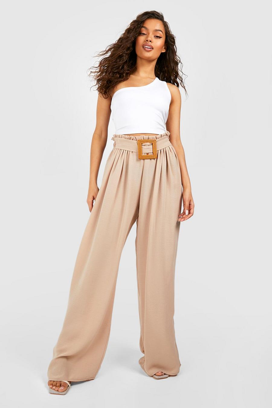 Stone Linen Look Belted Paperbag Pants image number 1