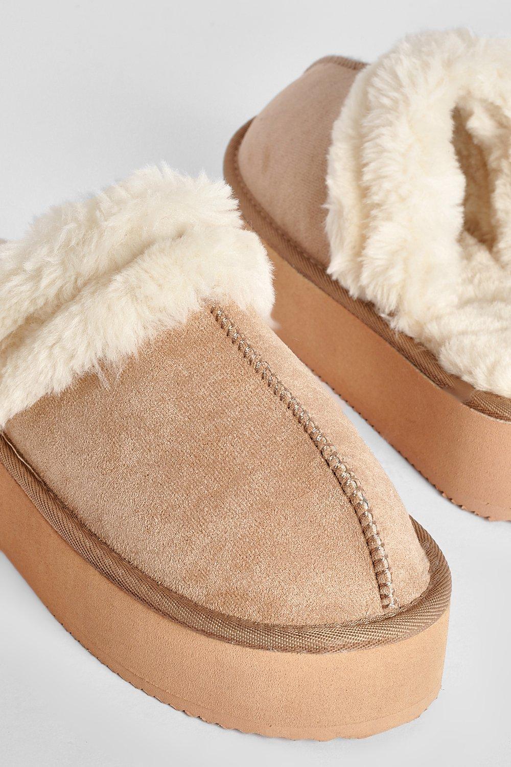 Fur Trim Platform Slip On Mules