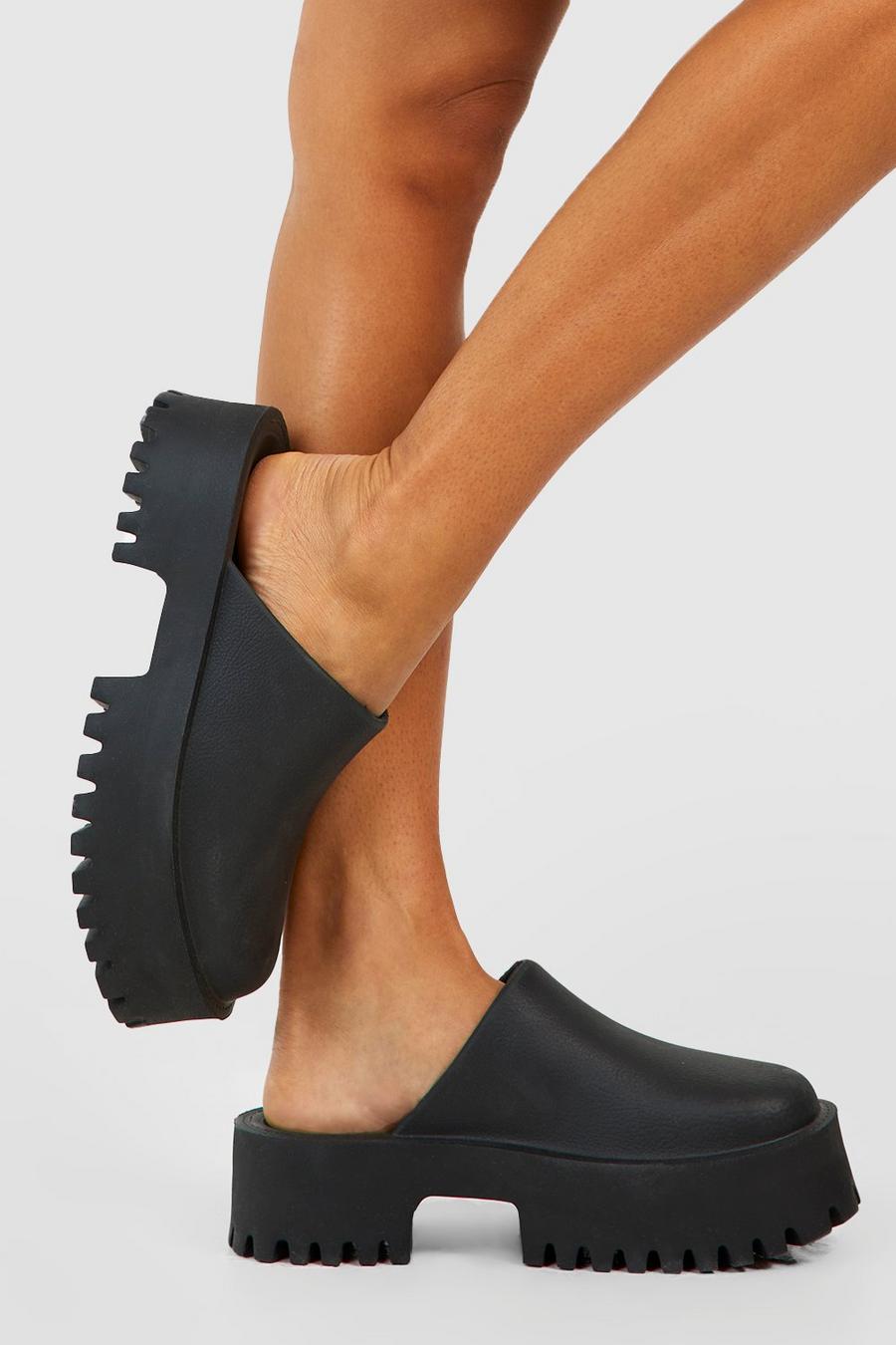 Black Platform Cleated Sole Clogs