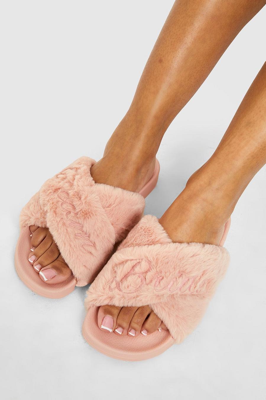 Pink Team Bride Fluffy Embroidered Crossover Sliders