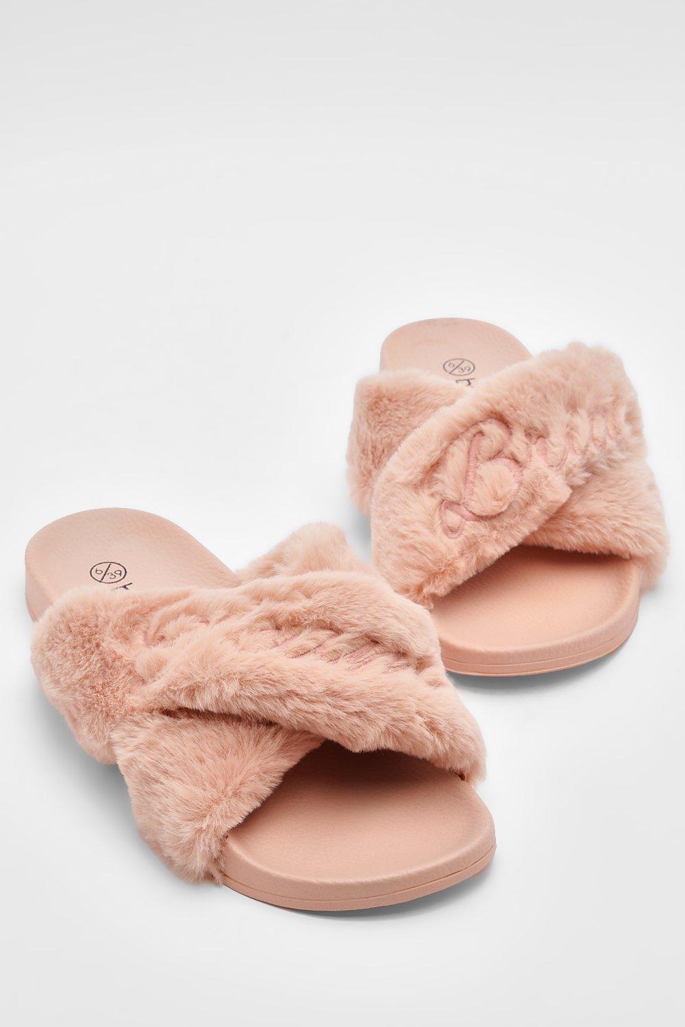 Team Bride Fluffy Embroidered Crossover Slides boohoo