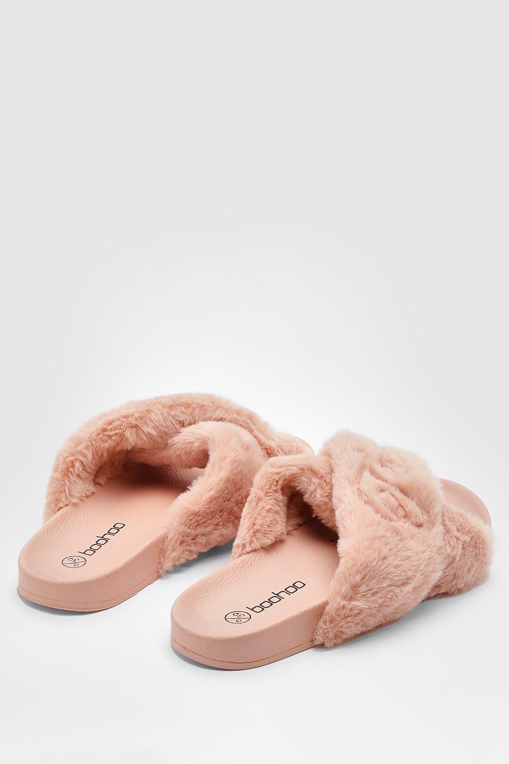 Team Bride Fluffy Embroidered Crossover Slides boohoo