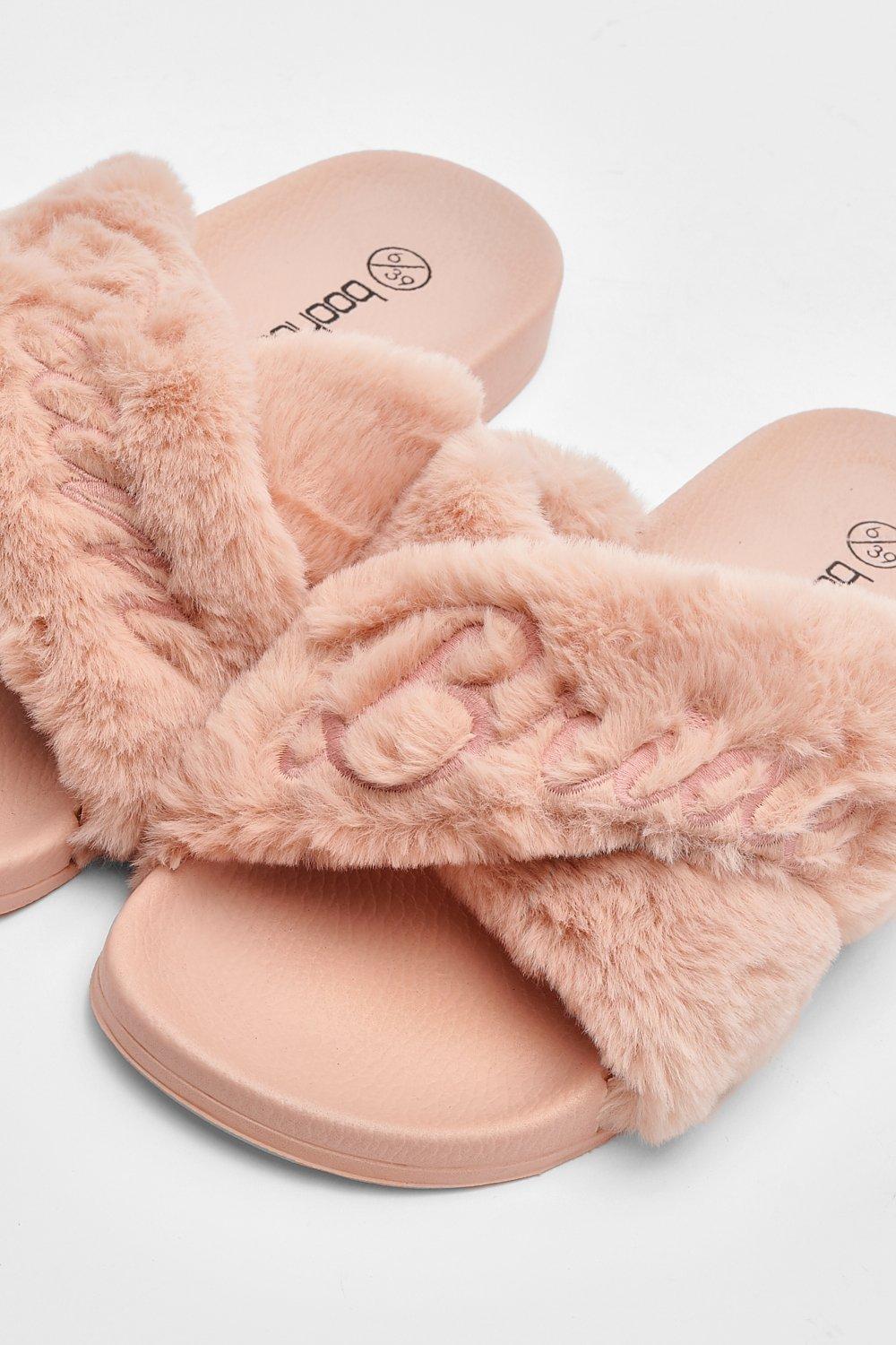 Team Bride Fluffy Embroidered Crossover Slides boohoo