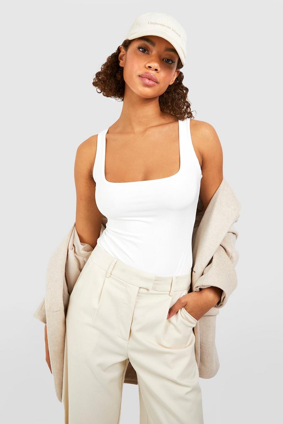 White Tall Square Neck Double Layer Bodysuit