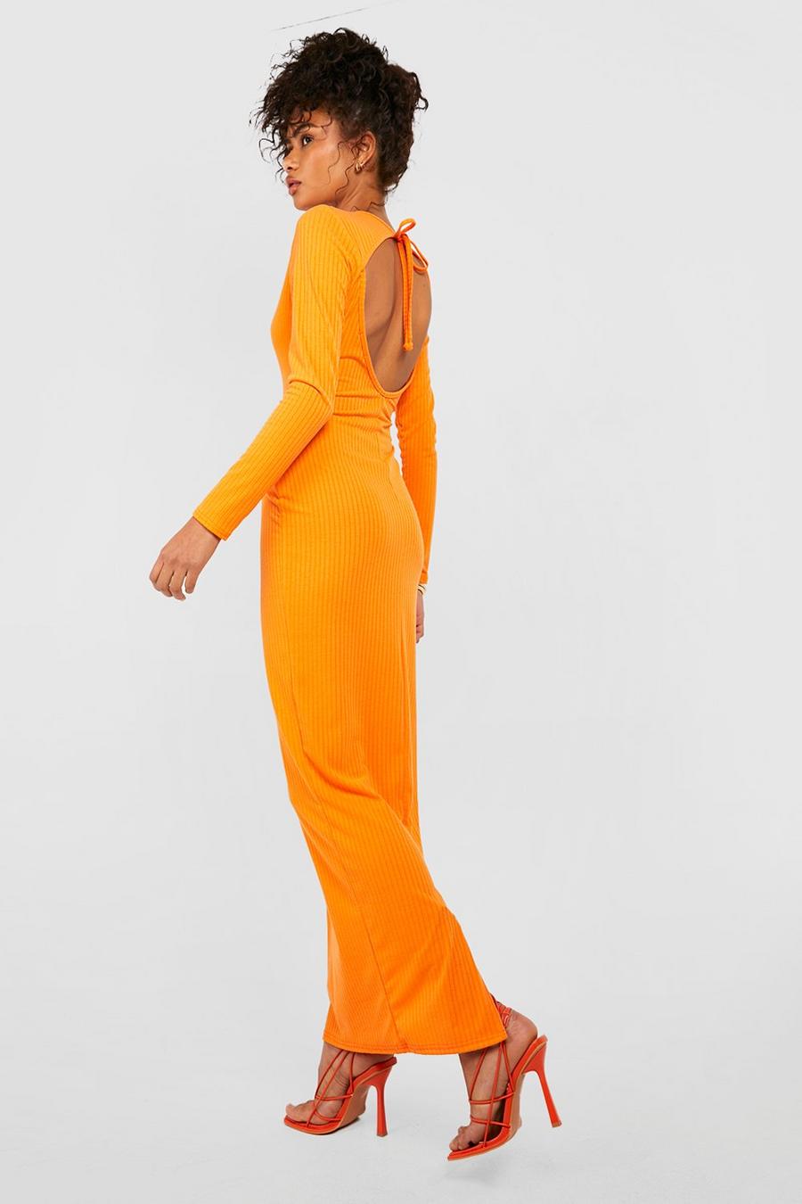 Orange naranja Soft Rib Open Back Long Sleeve Maxi Dress