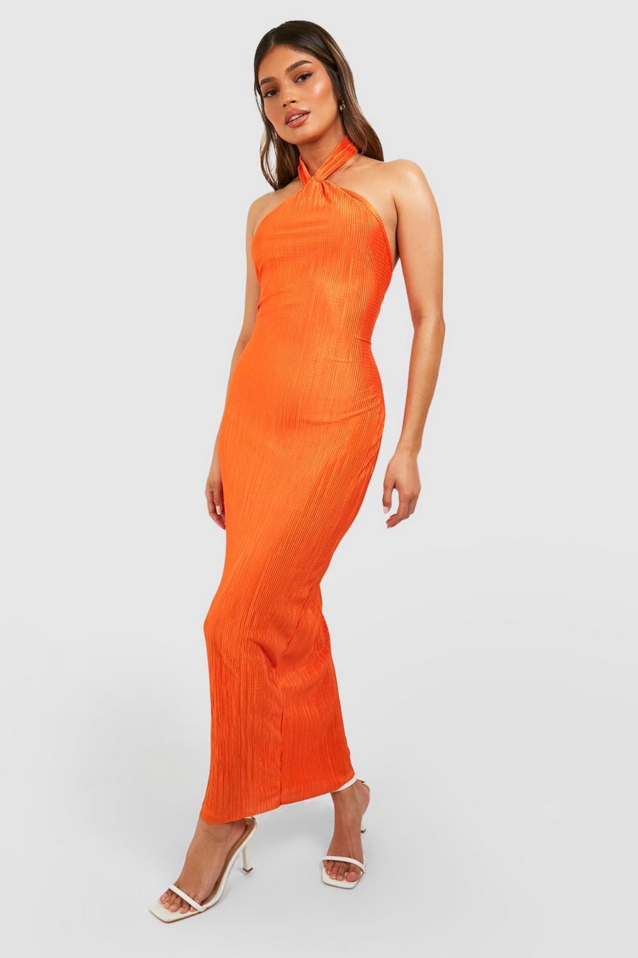 Orange Plisse Halterneck Midaxi Dress image number 1
