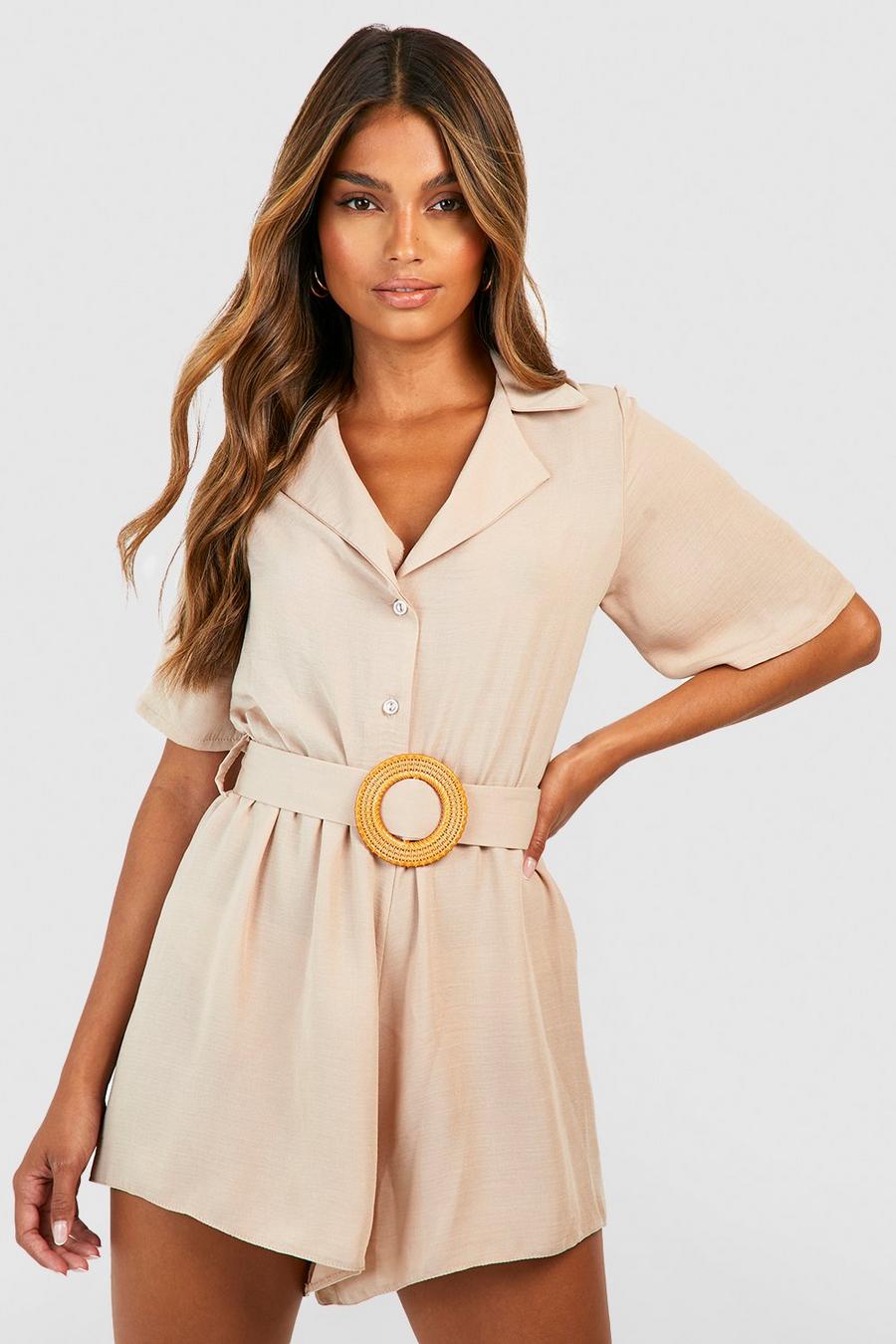 Stone Linen Look Buckle Belted Playsuit image number 1