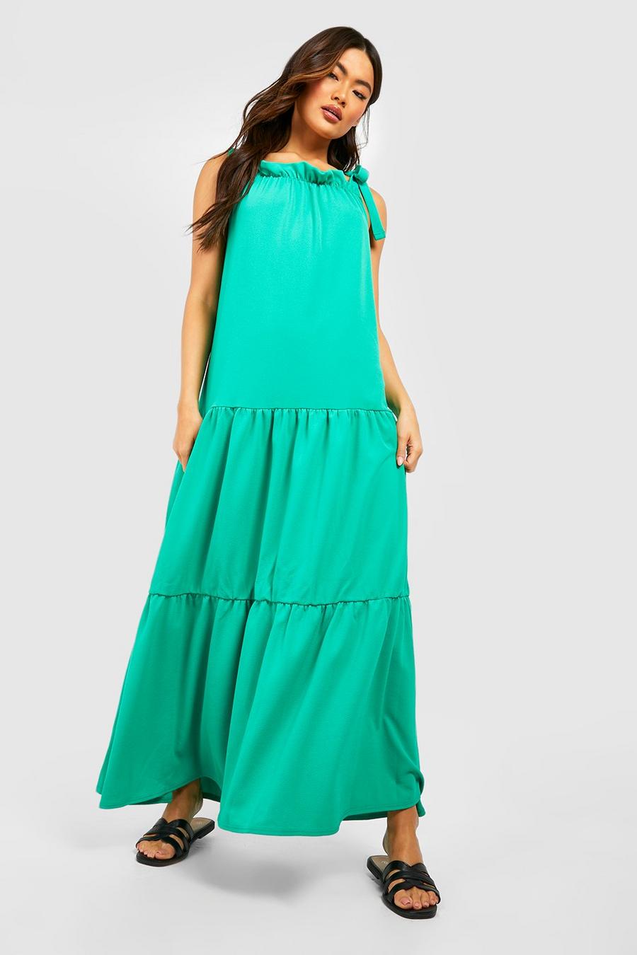 Green Tie Strap Square Neck Tiered Maxi Dress image number 1