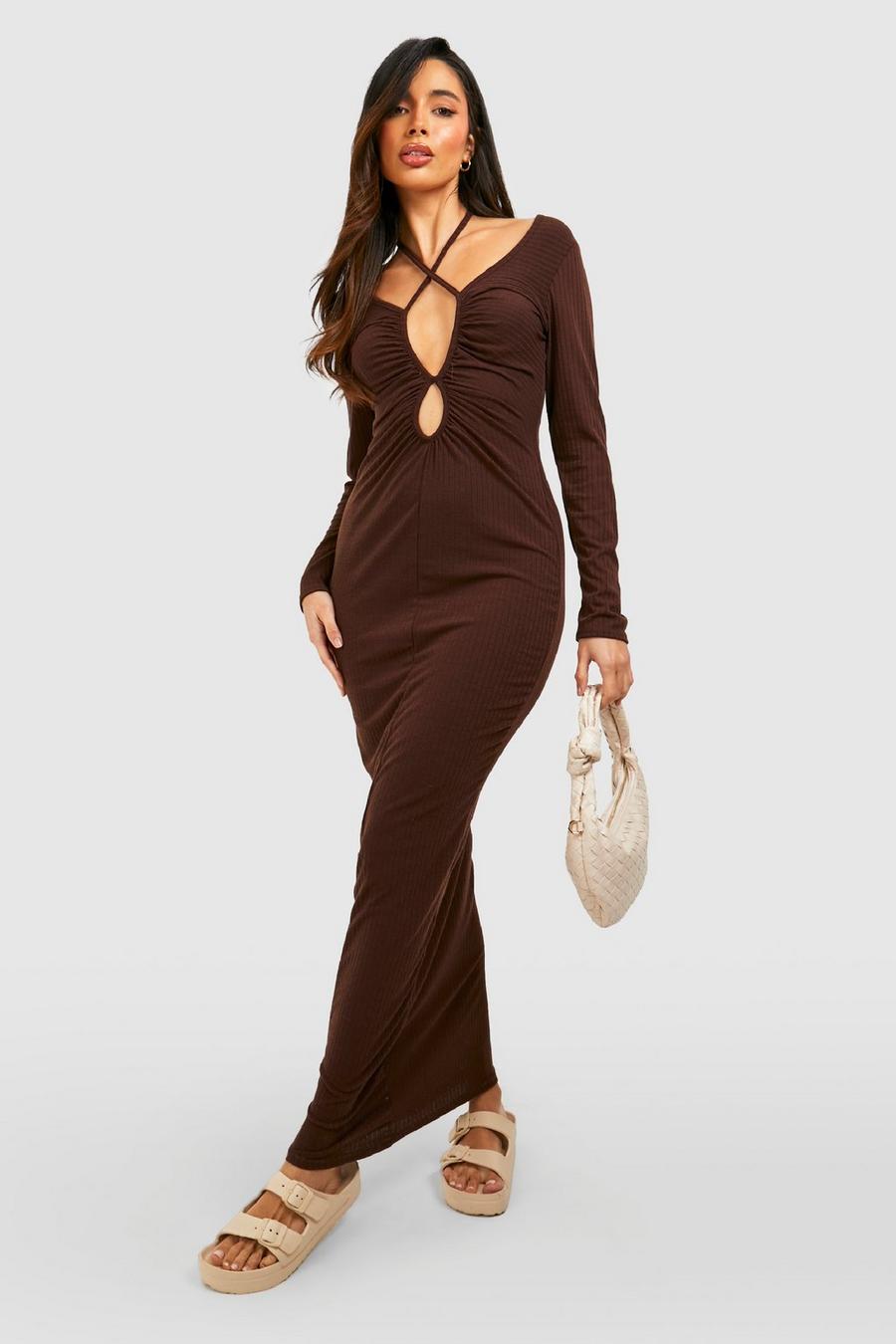 Chocolate Soft Rib Cut Out Strappy Midaxi Dress  image number 1