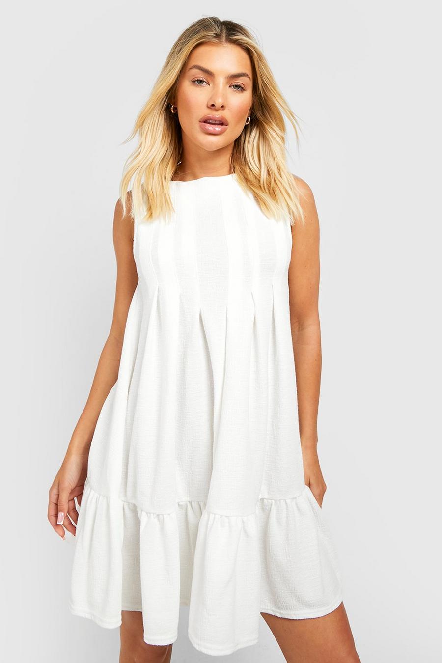 White Textured Pleated Ruffle Smock Dress image number 1
