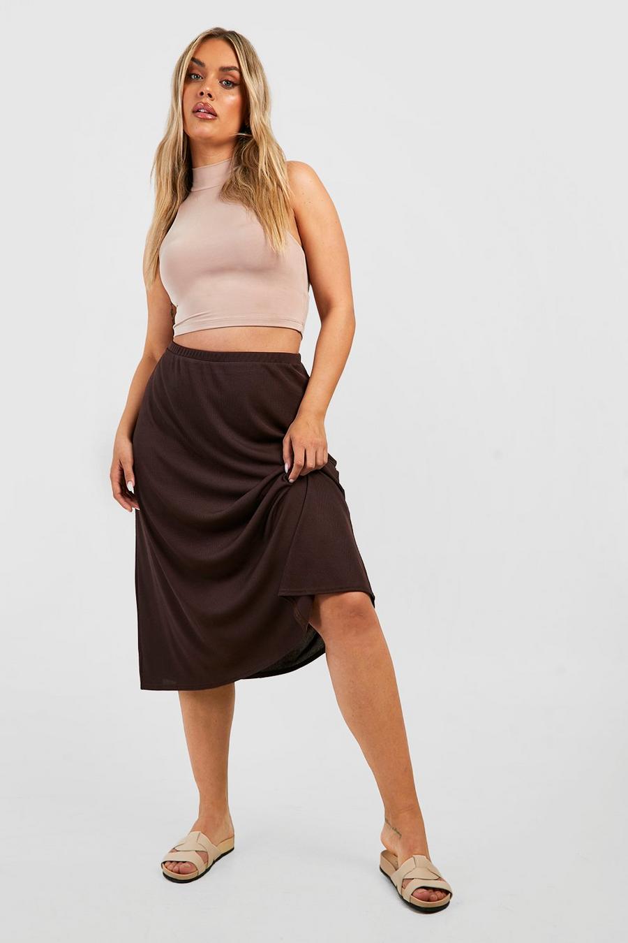 Chocolate brun Plus Ribbed A Line Midi Skirt image number 1