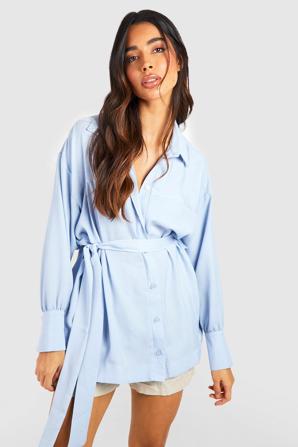 Textured Linen Look Twill Belted Drop Shoulder Slouch Shirt