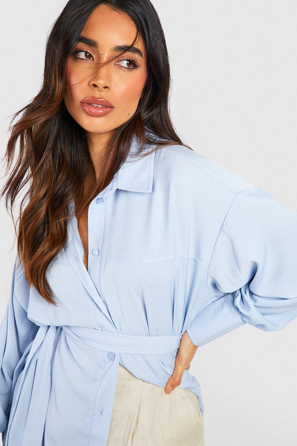 Textured Linen Look Twill Belted Drop Shoulder Slouch Shirt