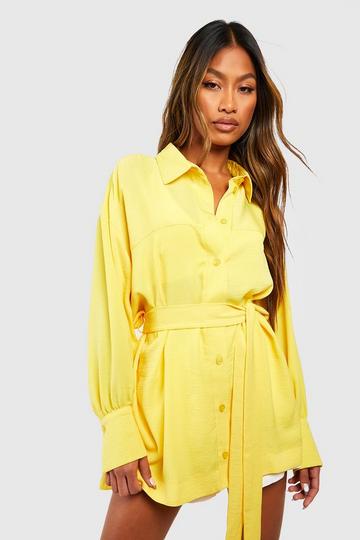 Textured Linen Look Twill Belted Drop Shoulder Slouch Shirt chartreuse