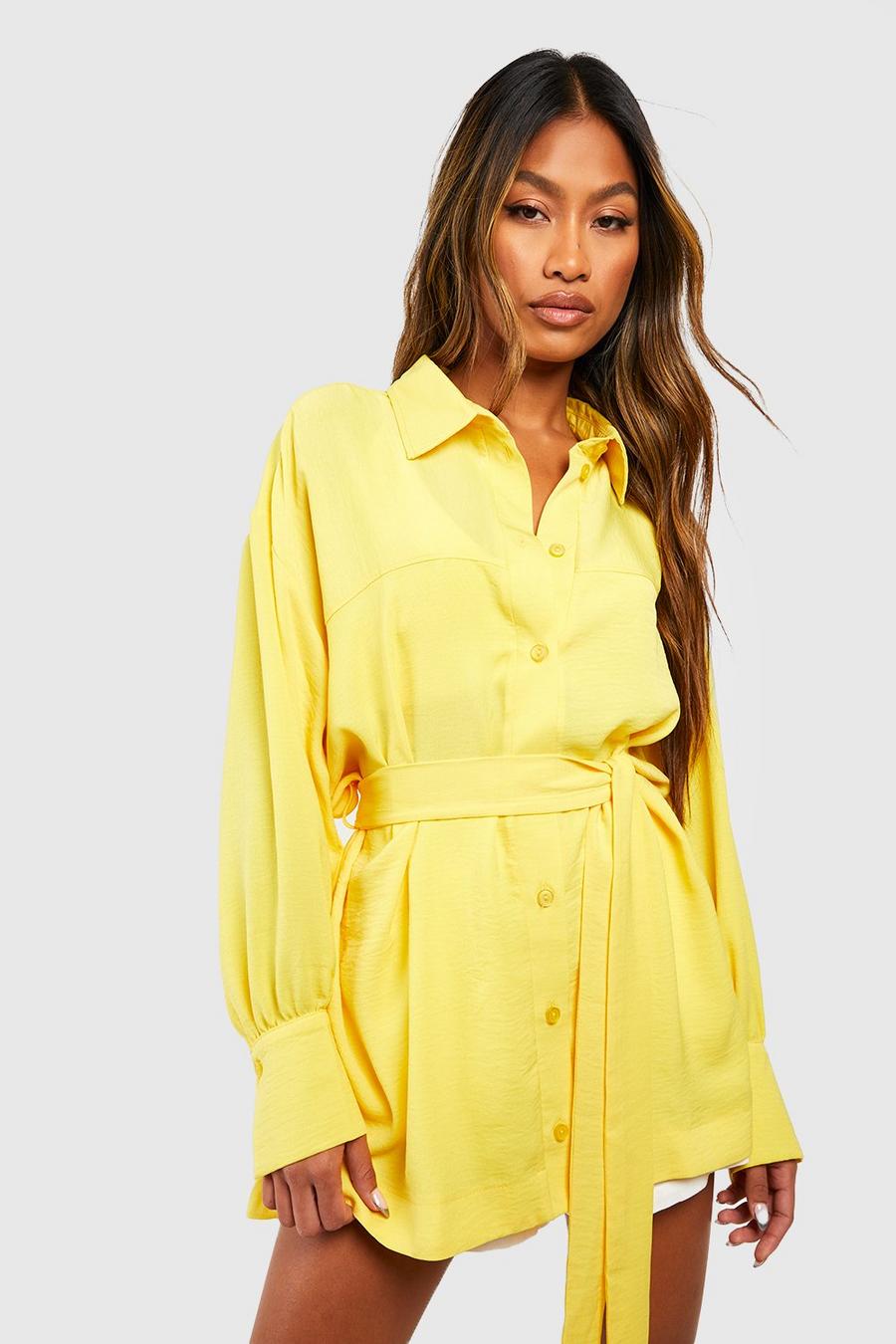 Chartreuse Textured Linen Look Twill Belted Drop Shoulder Slouch Shirt image number 1