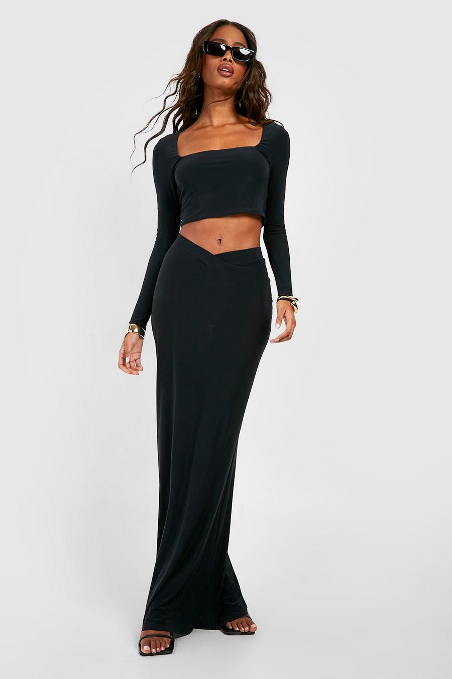 Long Sleeve Cropped Top & V Waist Flared Hem Maxi Skirt, Black nero image number 1