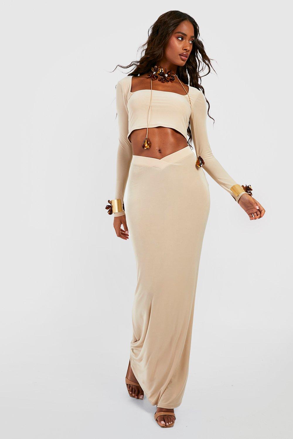 Long Sleeve Cropped Top V Waist Flared Hem Maxi Skirt