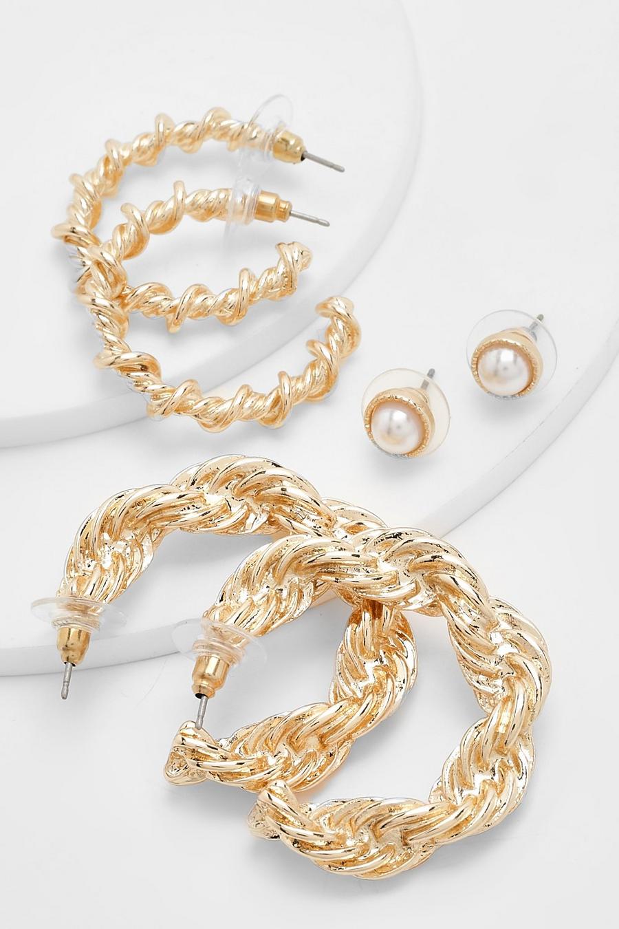 Lot de 3 paires de boucles d'oreilles perlées et torsadées, Gold métallique