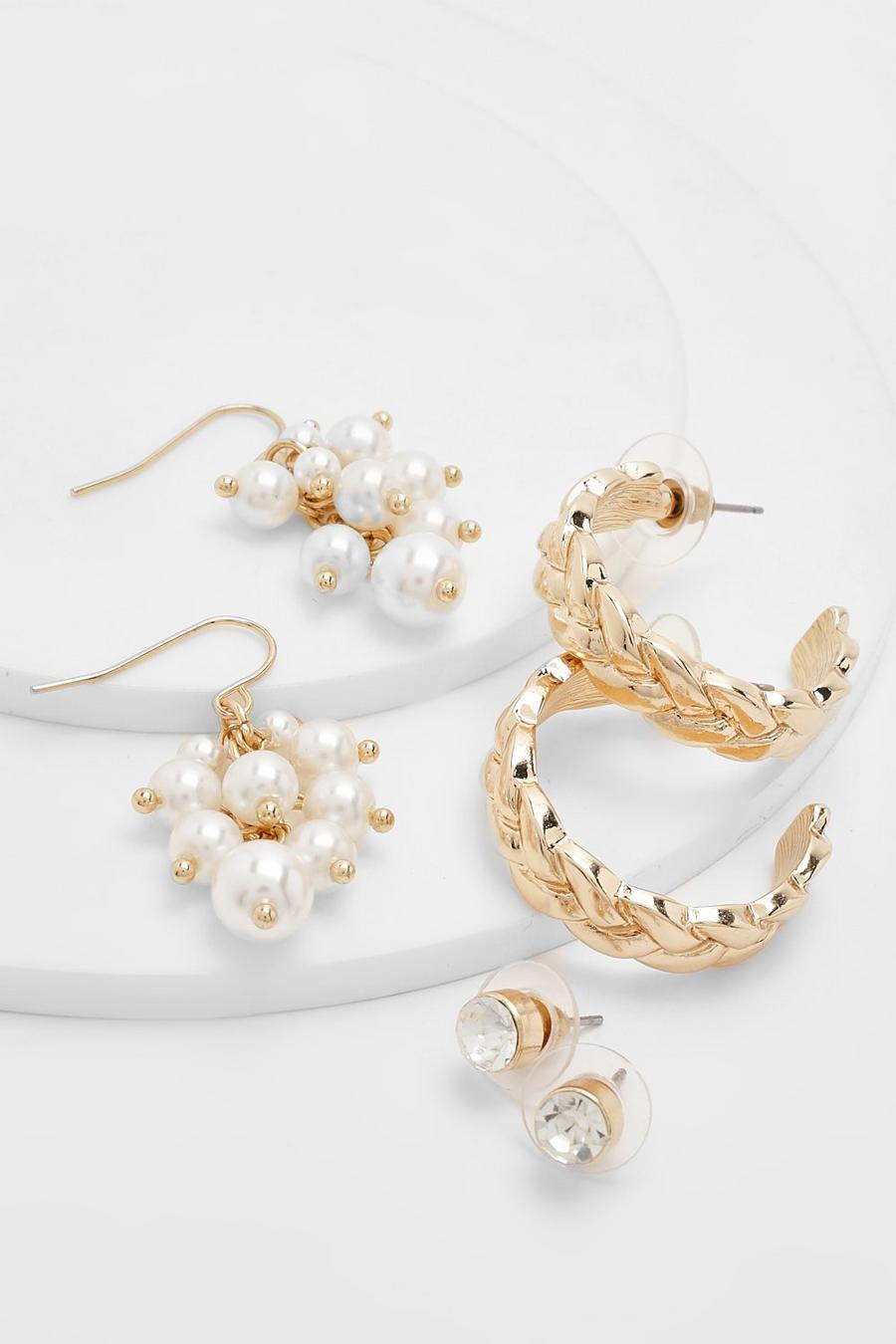 Gold metálicos Pearl Multi Drop 3 Pack Earrings 
