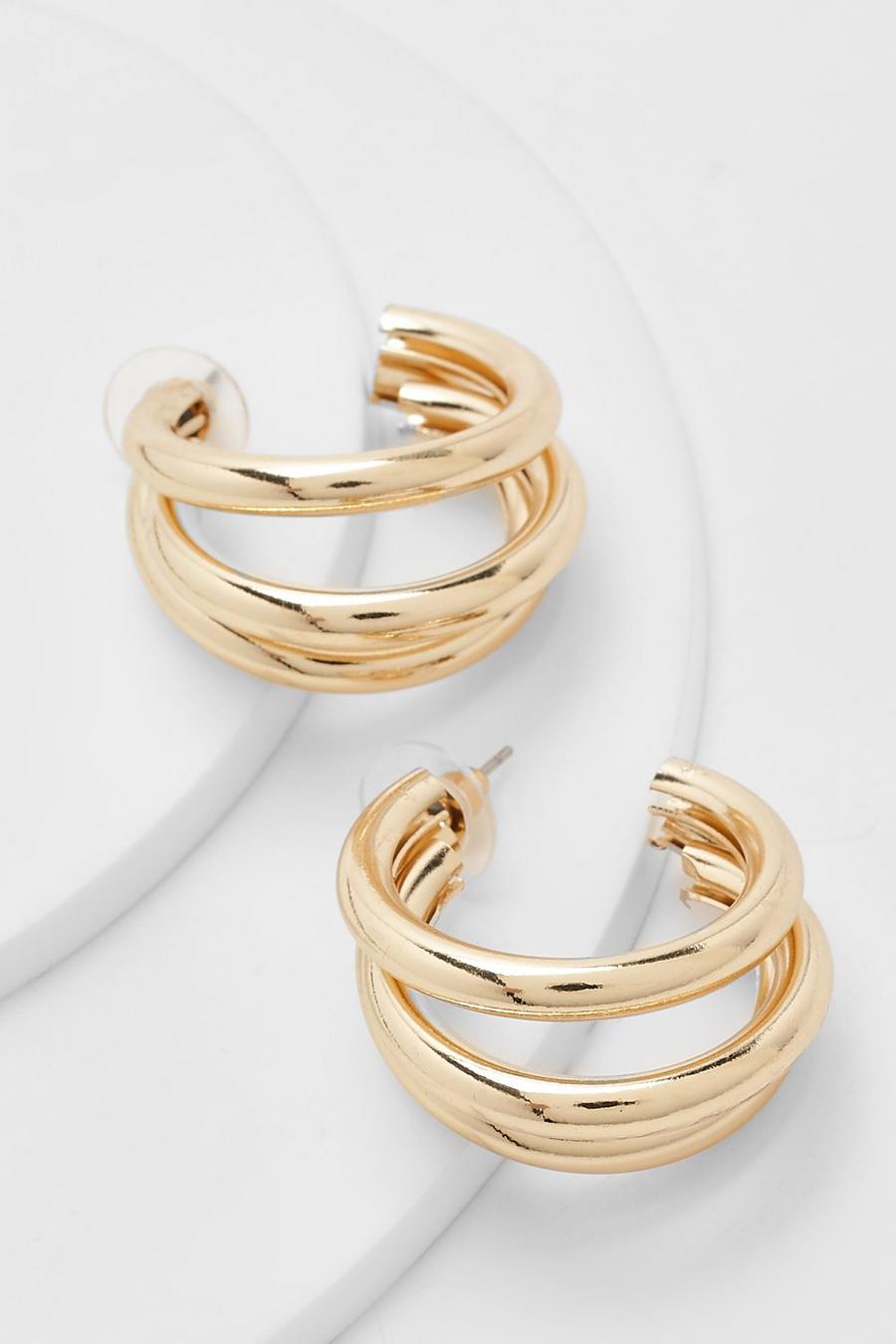 Gold Polished Triple Row Hoop Earrings
