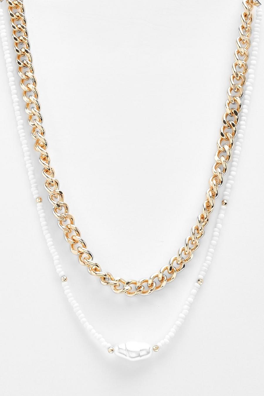 Gold metallic Pearl Bead And Chain Multirow Necklace