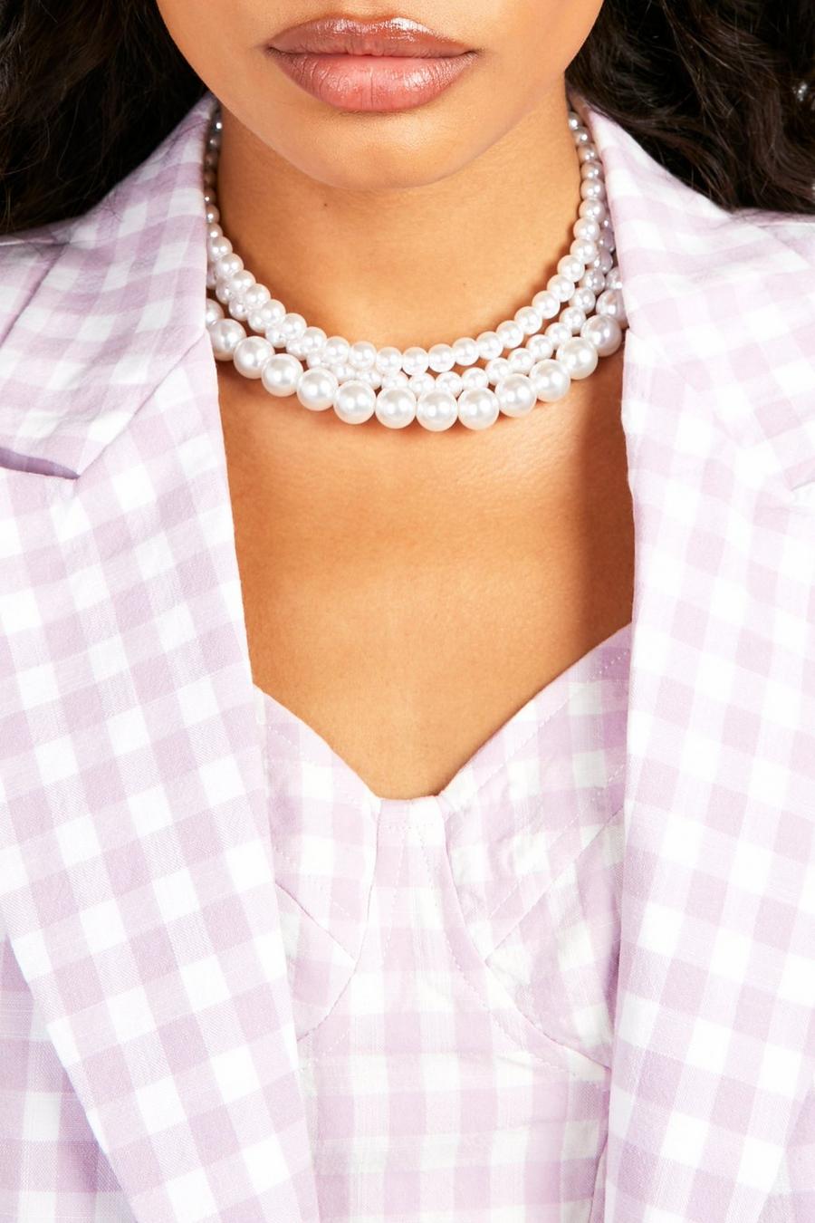 Multirow Pearl Choker Necklace, White bianco