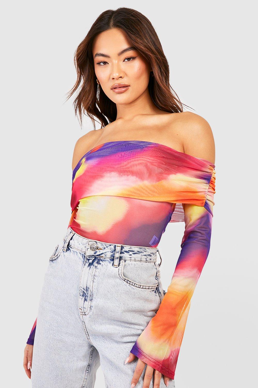 Abstract Print Mesh Off The Shoulder Flared Cuff Top | boohoo CA