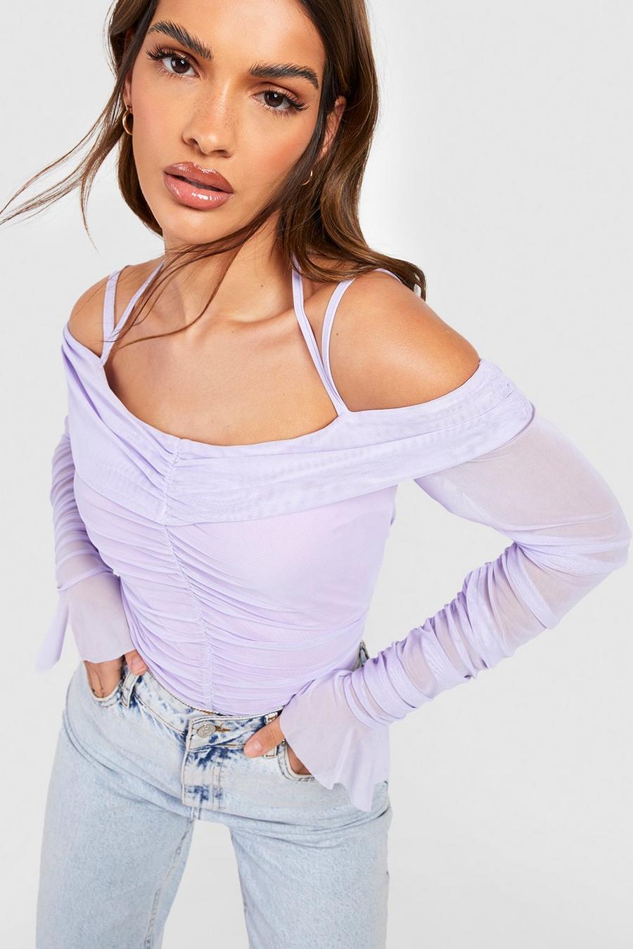 Lilac Ruched Long Sleeve Halter Detail Mesh Top  image number 1