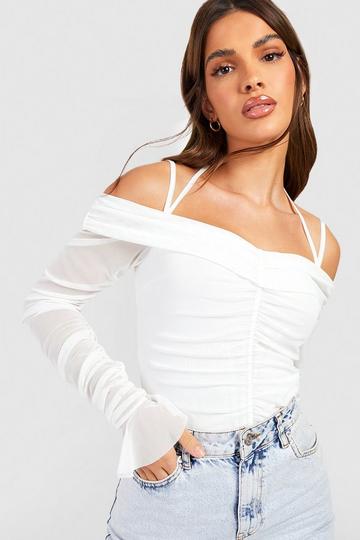 Ruched Long Sleeve Halter Detail Mesh Top white