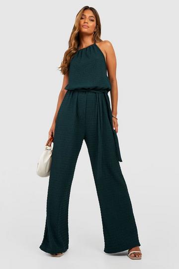 Khaki Textured Halter Belted Wide Leg Jumpsuit