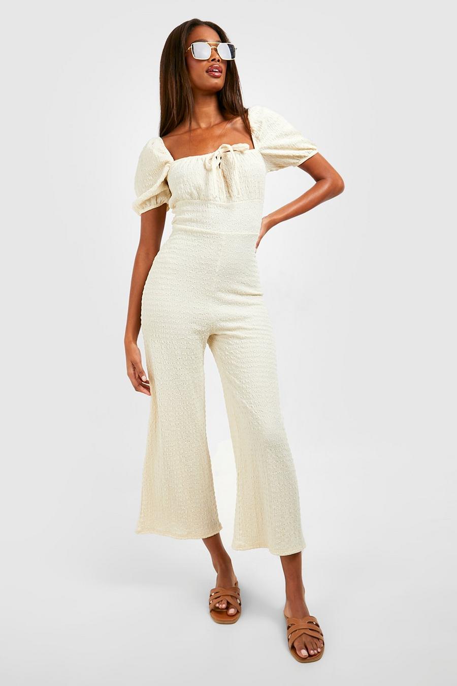 Stone beige Textured Puff Sleeve Culotte Jumpsuit image number 1
