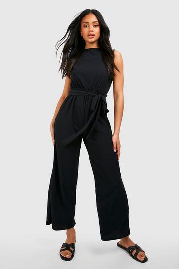 Black Culotte Belted Textured Jumpsuit