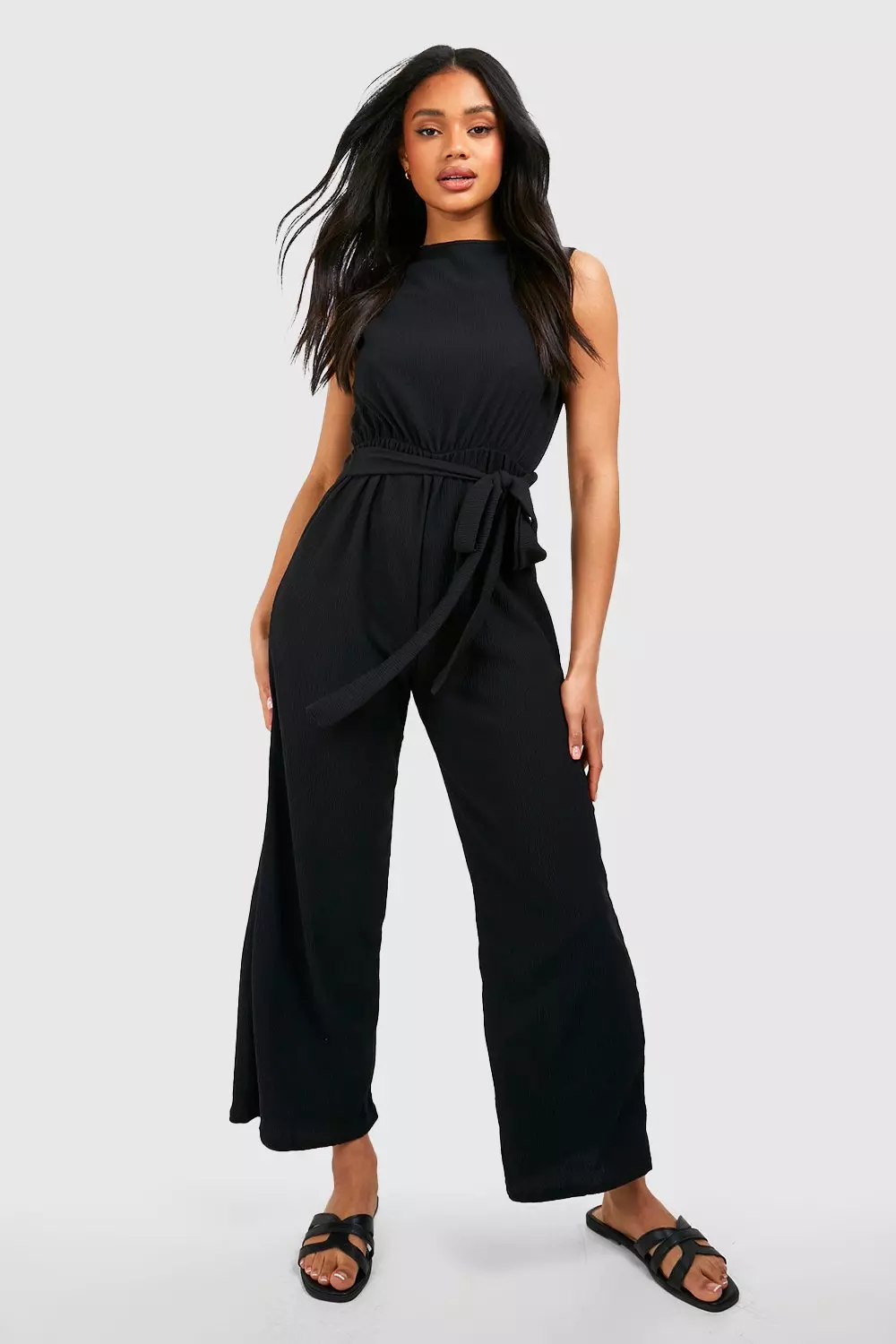 Black Culotte Belted Textured Jumpsuit alternative image