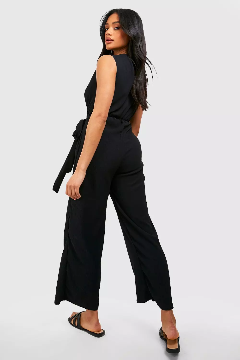 Black Culotte Belted Textured Jumpsuit alternative image