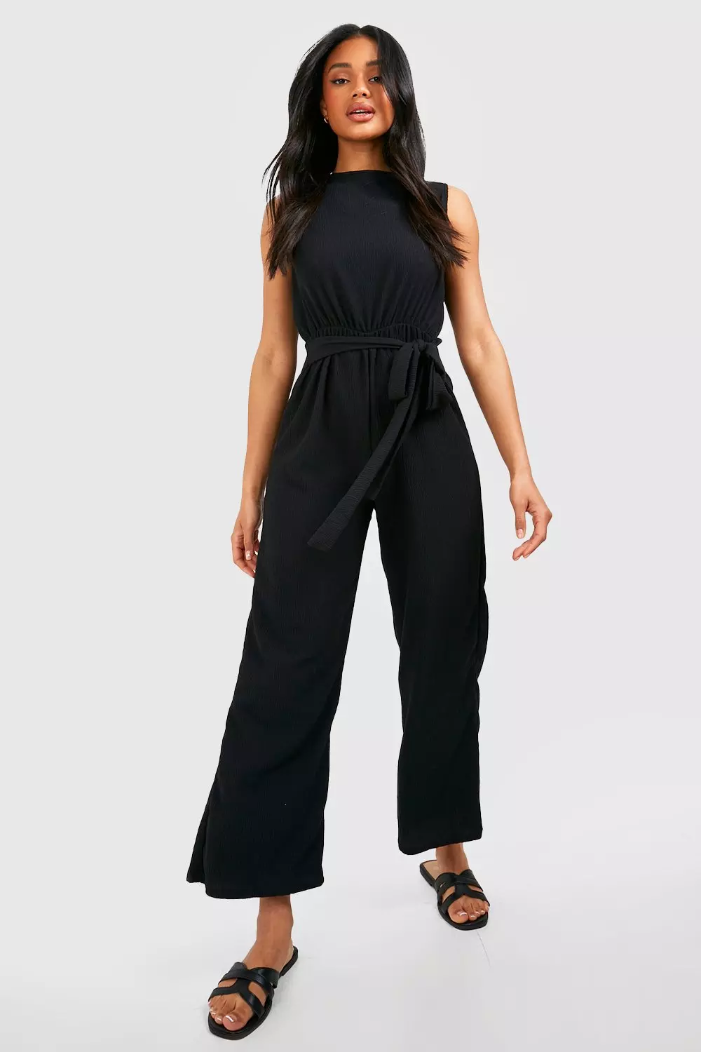 Black Culotte Belted Textured Jumpsuit alternative image