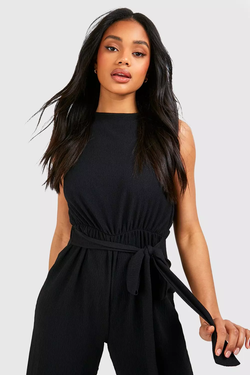 Black Culotte Belted Textured Jumpsuit alternative image