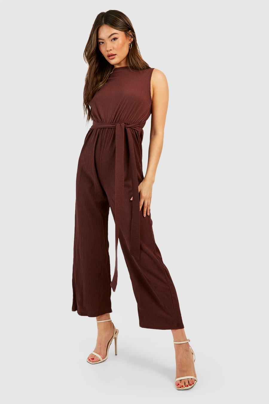 Chocolate brown Culotte Belted Textured Jumpsuit