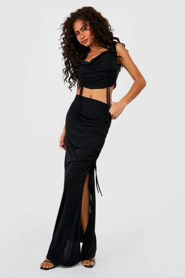 Black Textured Slinky Ruched Thigh Split Maxi Skirt