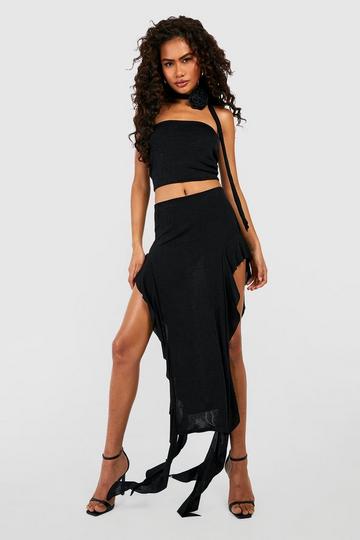 Black Textured Slinky Bandeau & Ruffle Detail Midi Skirt