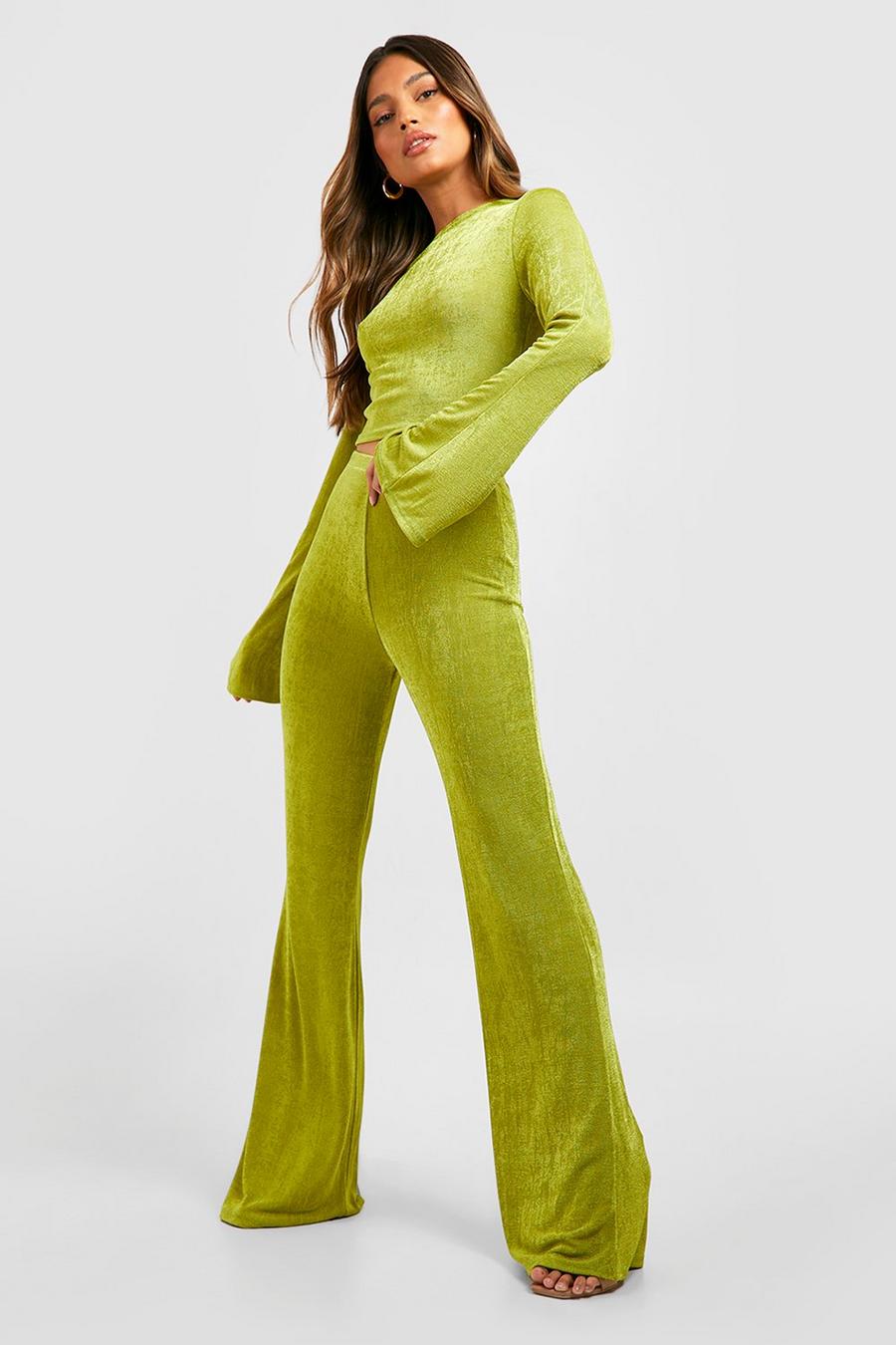 Chartreuse Acetate Slinky Floor Length Flared Pants image number 1