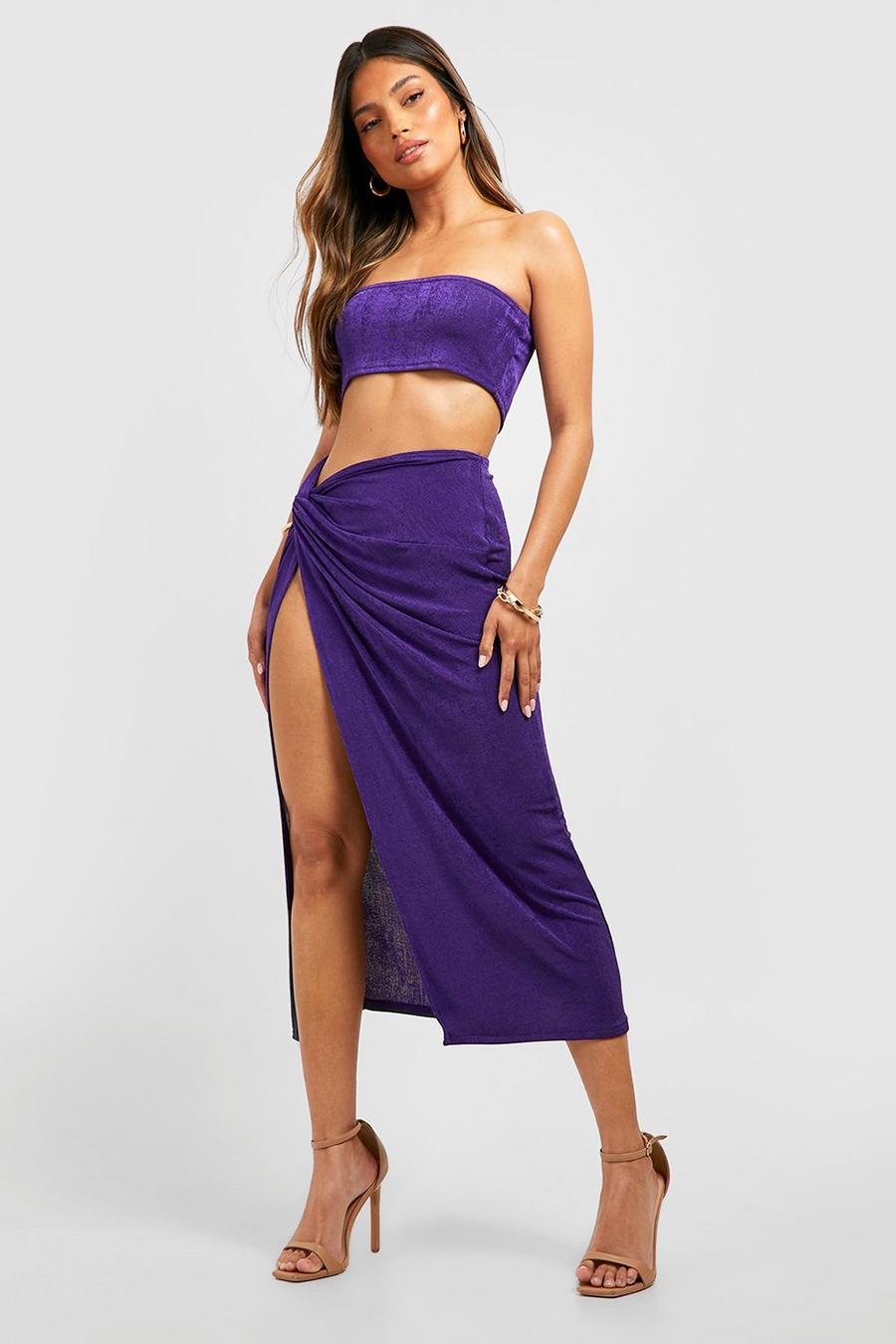 Purple Acetate Slinky Knotted Midi Skirt image number 1