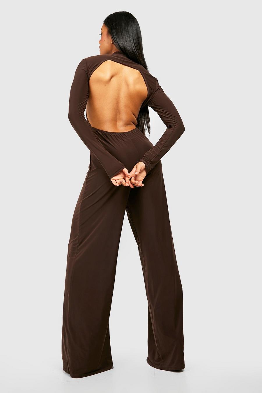 Chocolate Crew Neck Low Back Wide Leg Jumpsuit image number 1