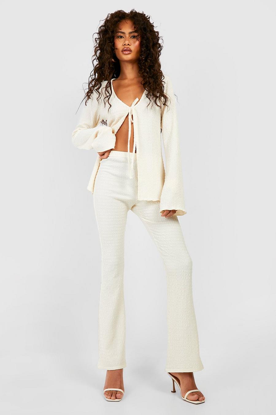 Natural Textured Crinkle High Waisted Flared Pants image number 1