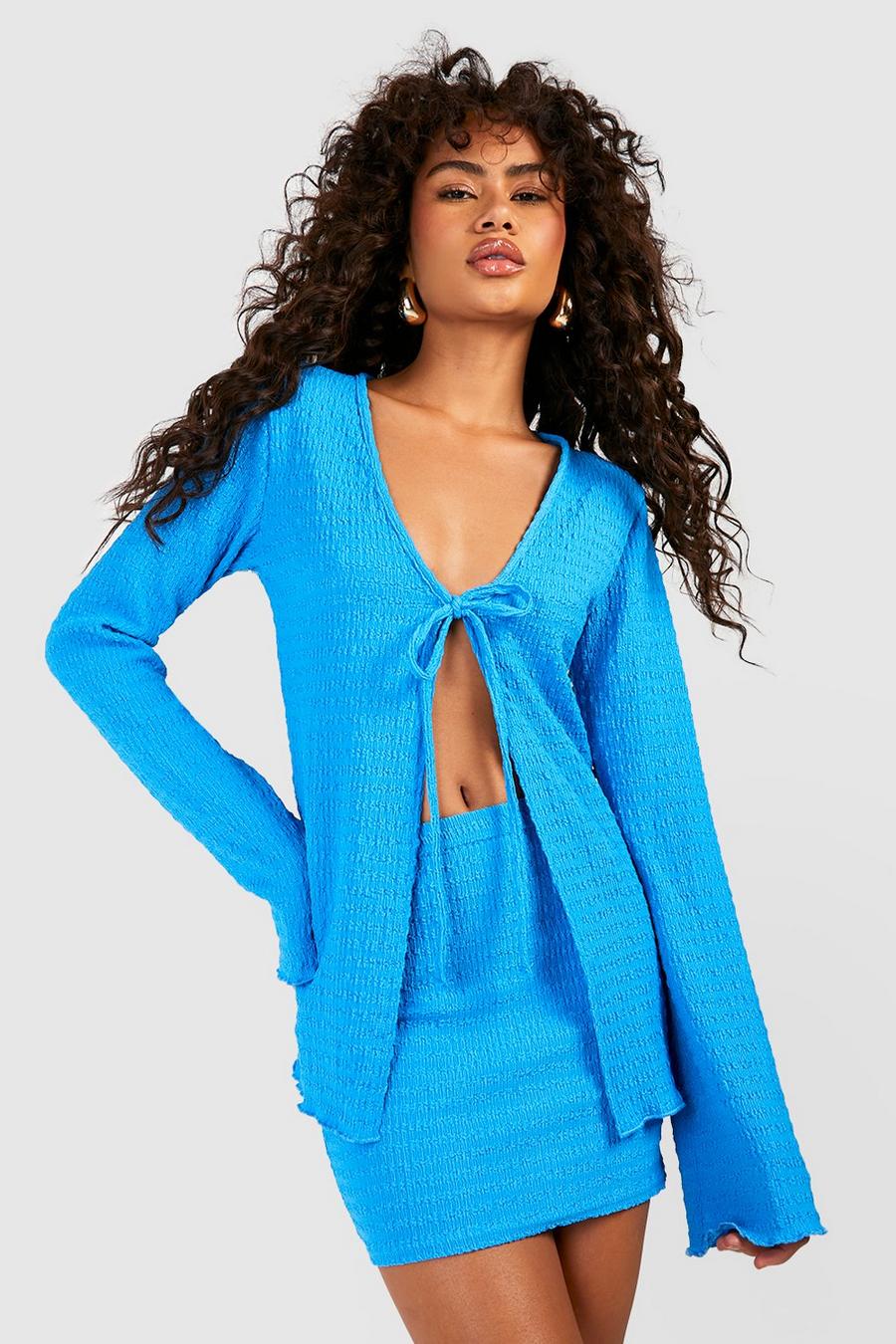 Blue Textured Crinkle Tie Front Flared Sleeve Top image number 1
