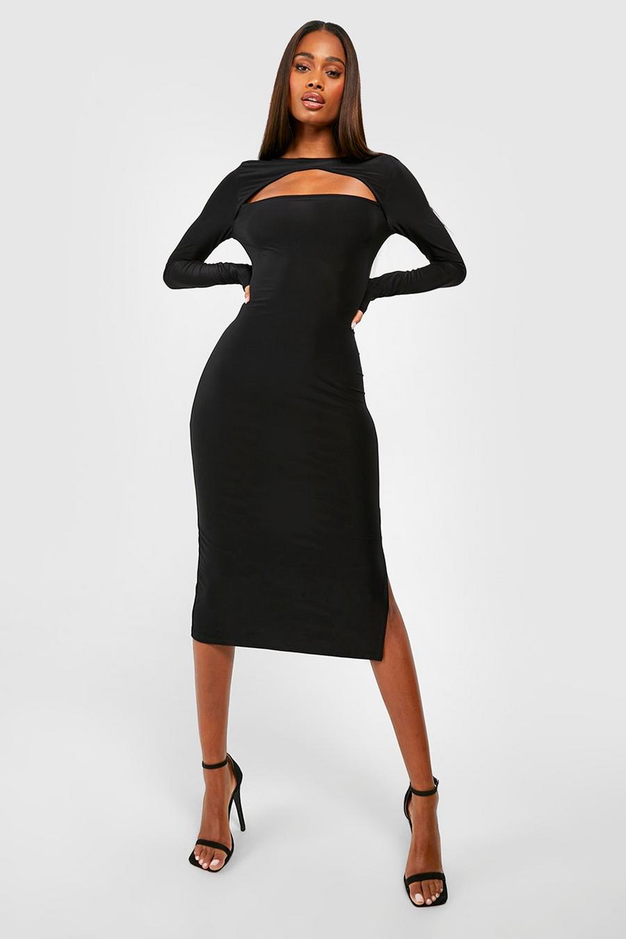Black Premium Heavy Weight Slinky Cut Out Long Sleeve Midi Dress image number 1
