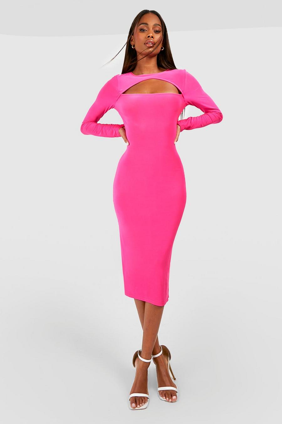 Premium Heavy Weight Slinky Cut Out Long Sleeve Midi Dress, Hot pink rosa